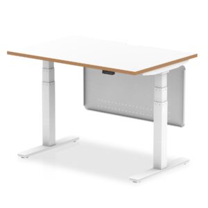 Oslo Air Height Adjustable Desk White Top Natural Wood Edge White Frame with White Steel Modesty Panel - Image 6