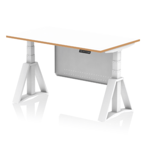 Oslo Air Height Adjustable Desk White Top Natural Wood Edge White Frame with White Steel Modesty Panel - Image 4
