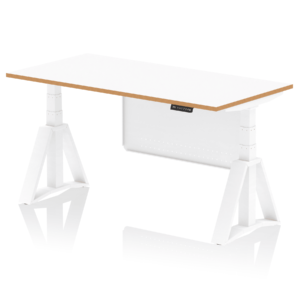 Oslo Air Height Adjustable Desk White Top Natural Wood Edge White Frame with White Steel Modesty Panel - Image 5